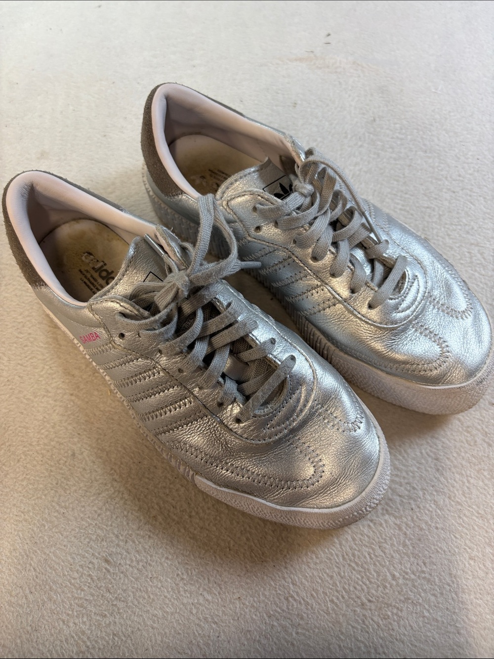 adidas Women's Metallic Silver Low-Top Sneakers with Pink Accent